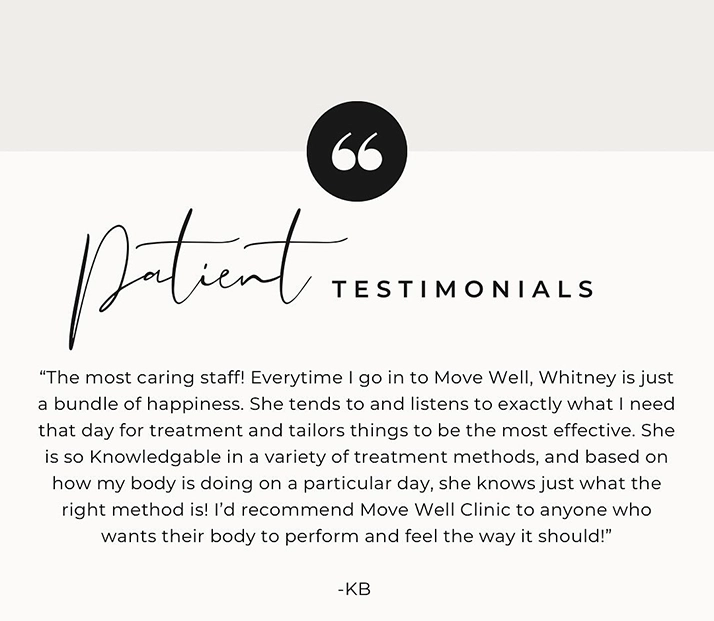 5-star review from a patient praising Move•Well Chiropractic and Sports Therapy.
