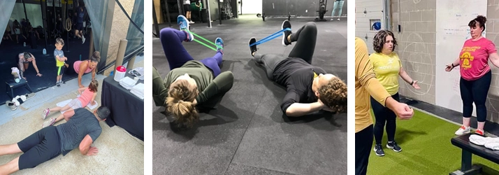 Chiropractor Hudson WI Whitney Rudesill With Exercise Patients Photo grid of patients performing home exercises.